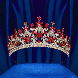 Lussuosa tiara da sposa in cristallo rosso dorato elegante accessorio per capelli da sposa corona