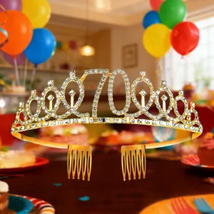 Gold 70th birthday tiara with rhinestones and hair combs for women party decoration