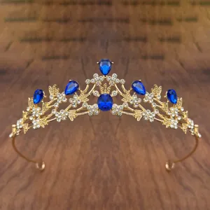 Exquisite details of children crystal crown headpiece with blue teardrop gems for stage show