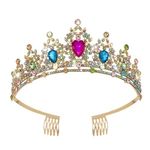 Exquisite gold rhinestone crown hair comb sparkling crystal bridal tiara detail view