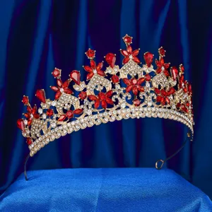 Lusso cristallo rosso strass sposa tiara corona oro matrimonio capelli accessori