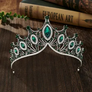 Baroque vintage green rhinestone tiara crystal crown bridal wedding party hair accessory detail