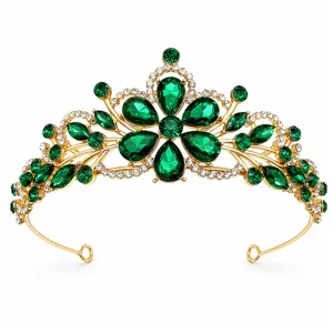 Baroque gold bridal tiara crown with green and clear rhinestones for wedding hair accessories.
