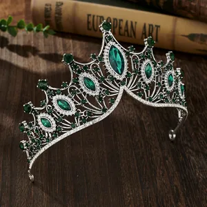 Baroque vintage green rhinestone bridal tiara silver alloy luxury wedding princess crown