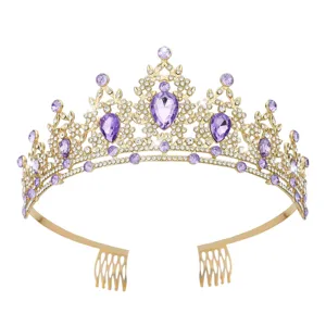Gold tiara crown detail featuring purple rhinestones and secure hair combs for brides.
