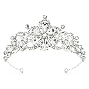 Sparkling crystal bridal tiara close up, elegant silver metal crown with clear glittering stones.