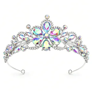 Exquisite bridal crystal tiara detail, AB rhinestone baroque metal crown for wedding hair accessory.