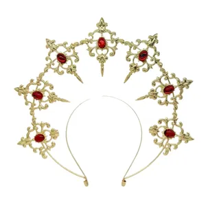 Baroque gothic sunburst halo crown headband with red gems for Halloween runway party headwear