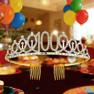 100th Birthday Tiara Rhinestone Gold Crown Hair Band Party Celebration Details View