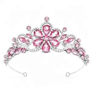 Stunning pink crystal bridal tiara detail, sparkling rhinestone hair accessory crown.