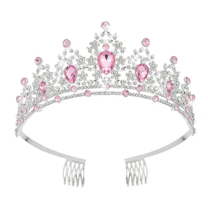 Stunning silver rhinestone pink crystal tiara hair comb for bridal and party wear