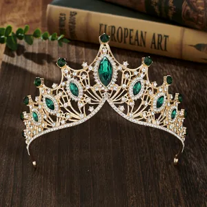 Baroque European style green crystal bridal crown tiara, luxury alloy hair accessory for wedding party.