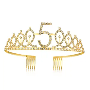 Gold rhinestone number 5 birthday tiara princess crown headband with hair combs for party.