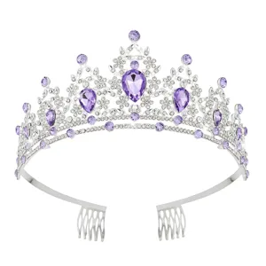 Close-up detail of silver rhinestone tiara with purple crystal drops and built-in hair combs.