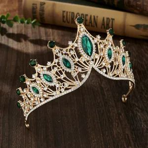 Baroque gold crown tiara with green and clear rhinestones for bridal wedding party.