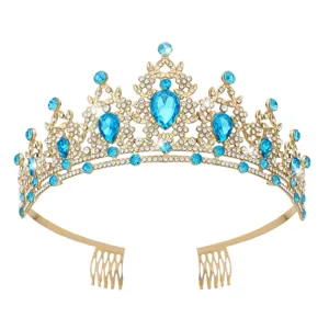 Gold rhinestone bridal tiara with blue crystal stones and side combs for wedding hair accessory