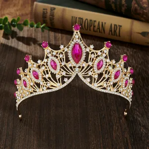 Baroque Gold Tiara Crown with Pink Rhinestones Bridal Headpiece Wedding Party Princess Hair Accessories