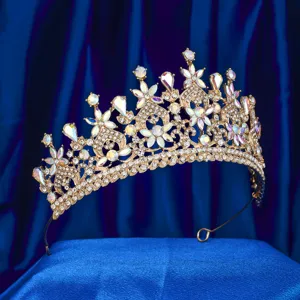Tiara corona da sposa in strass dorati accessorio per capelli di lusso per feste.