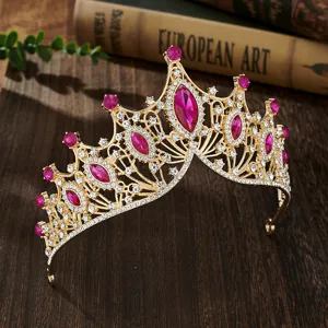 Baroque gold bridal crown tiara with hot pink and clear rhinestones for wedding party.