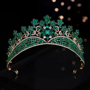 Barocke grüne Strass Braut Tiara, Luxus Kristall Hochzeit Krone Haarschmuck Detailansicht.