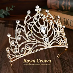 Squisita corona da sposa in strass dorati, grande diadema di lusso per capelli da sposa.