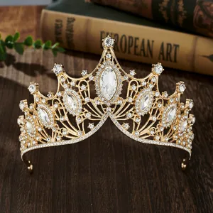 Luxury gold rhinestone bridal tiara, European Baroque style crystal crown for wedding party.