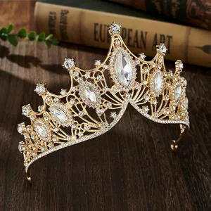 Baroque gold tiara bridal crown crystal rhinestone wedding party princess hair accessory