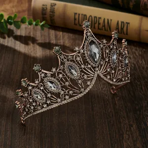 Baroque vintage bronze alloy bridal tiara crown with sparkling crystal rhinestones for party.