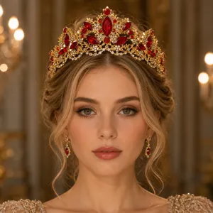 Baroque red rhinestone bridal crown and earrings set, elegant gold alloy wedding hair accessory.