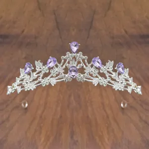 Detail view of a silver children princess crystal crown with purple rhinestones for performance.