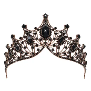 Vintage baroque black crystal tiara detail, antique bronze metal crown for bridal party dress.