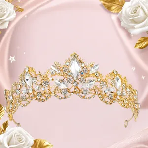 Gold bridal rhinestone tiara baroque crown sparkling crystal hair band wedding accessory