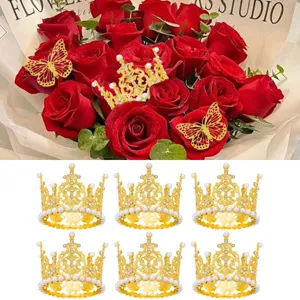 Mini Crown Cake Toppers Alloy Artificial Pearl Rhinestone Tiara Ornaments For Wedding Birthday Party Flower Arrangement Decorations