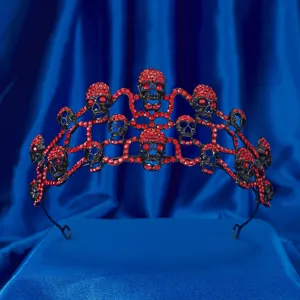 Couronne de diademe de crâne noir gothique avec strass rouges pour fête d'Halloween.