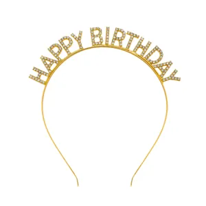 Gouden strass happy birthday haarband kroon glanzende kristal feest taart decoratie haar