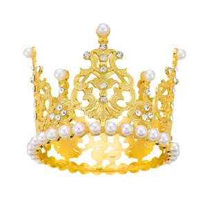 Gold mini pearl rhinestone crown cake topper floral arrangement decorative tiara decor