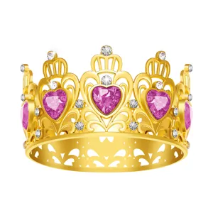 Goldene Krone Tiara mit rosa Herz Kristallen und klaren Strasssteinen fuer Partydeko.