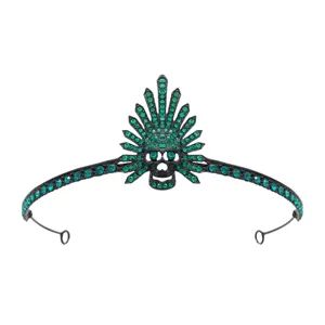 Serre-tete couronne squelette noir gothique avec strass verts, parfait pour soiree d'Halloween.