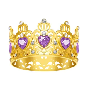 Goldene Krone Tiara mit lila Herz Kristallen, ideal für Kinder Geburtstag Party und Dekoration.