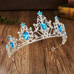European bridal crown silver tiara blue crystal princess birthday party hair accessory wedding