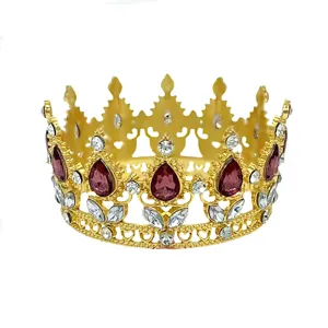 Exquisite baroque gold crown tiara with red and clear rhinestones for bridal queen proms.