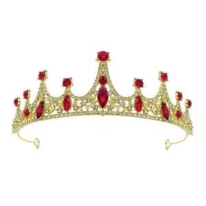 Gold tiara crown with red and white rhinestones princess hair accessory for kids girl party
