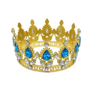 Gold baroque round tiara crown with blue rhinestones for bridal pageant party hair accessories.