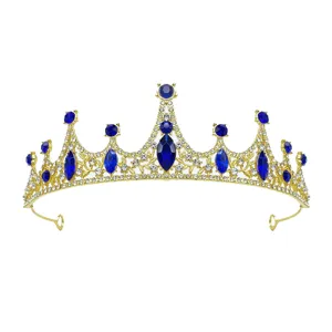Gold children crown tiara with blue rhinestones crystal princess hair accessory for party.