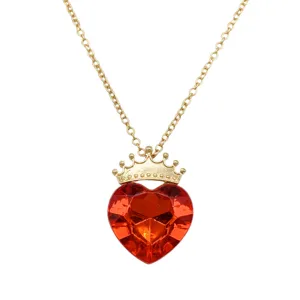 Red heart crystal crown pendant necklace gold chain detail view alloy jewelry accessory