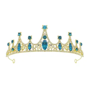 Gorgeous gold princess tiara crown with sparkling blue rhinestones for girls birthday party.