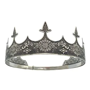 Vintage silver king crown for men, retro court style tiara for performance and party events.