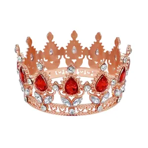 Rose gold round crown tiara with red clear rhinestones for bridal party pageant hair accessories.
