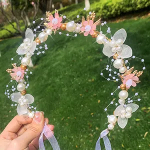 Kids fairy pink flower crown headband pearl hair accessory for girls party and performance