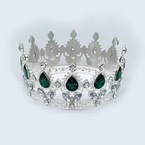 Baroque green teardrop crystal crown detail, silver metal tiara for wedding and prom queen.